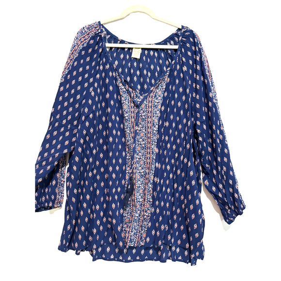 Peasant Boho Blouse Women's Plus Sz 26 4X Blue Floral Pullover Lightweight work - Picture 1 of 10
